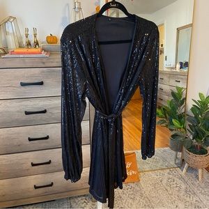 Black, sequins, long sleeve, short wrap dress. SHEIN. Size size large